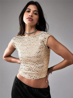 Black women's casual short sequin top by My Store, featuring shiny embellishments and a relaxed fit.