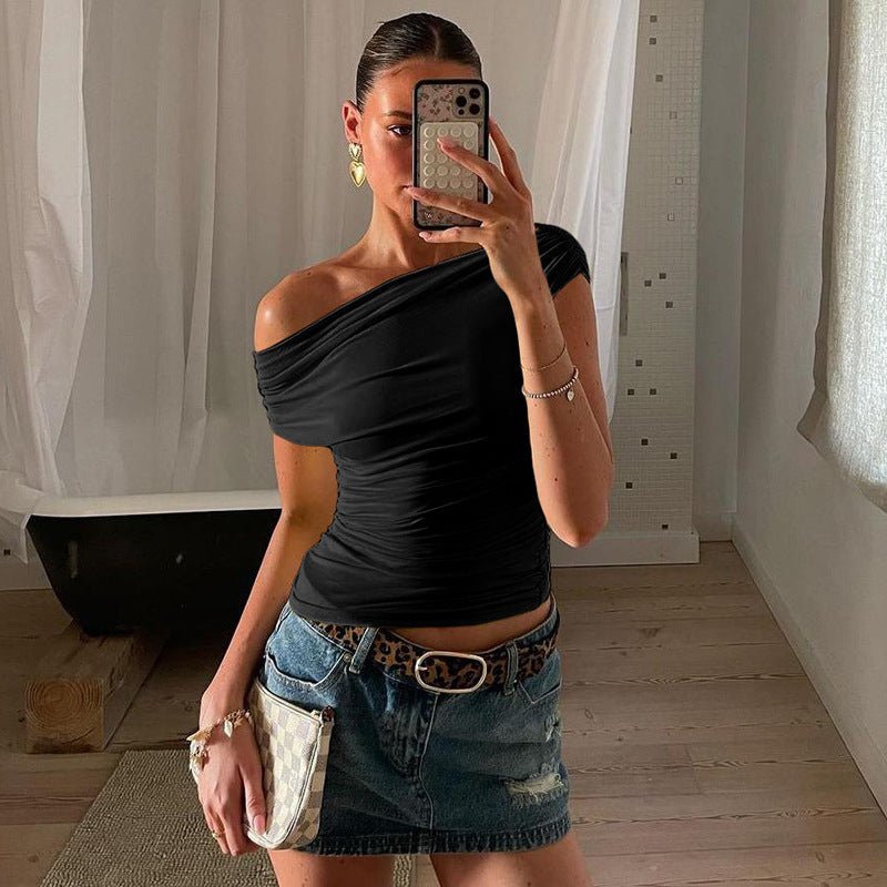 Sleeveless Top - Diagonal Collar Solid - MRC STORETopMy StoreA woman wearing a yellow sleeveless top with a diagonal collar, paired with a denim skirt and carrying a white purse.MRC STORECJCS235601506FUBlackL