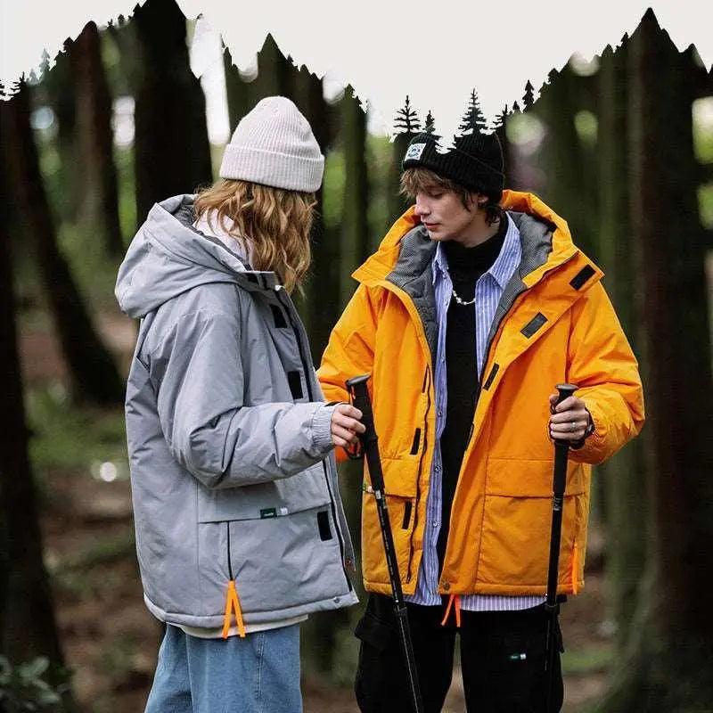Street Windproof Hooded Cotton Jacket - MRC STORETopMy StoreA person wearing a khaki green hooded cotton jacket with a zipper, standing in a wooded area.MRC STORECJYR165417011KPBlackL
