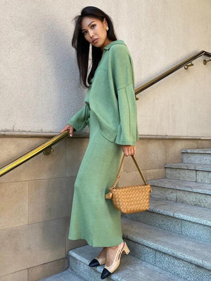 V - Neck Loose Sweater Set - MRC STORETopMy StoreV - Neck Loose Sweater Set - MRC STOREMRC STORECJMY212076112LOLight GreenL