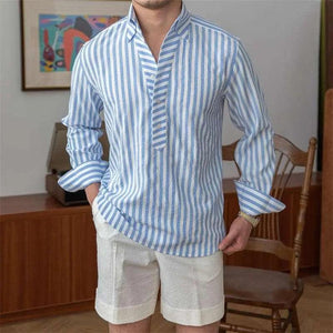 Blue breathable seersucker striped long-sleeved shirt from My Store, lightweight top with a comfortable fit and classic design.