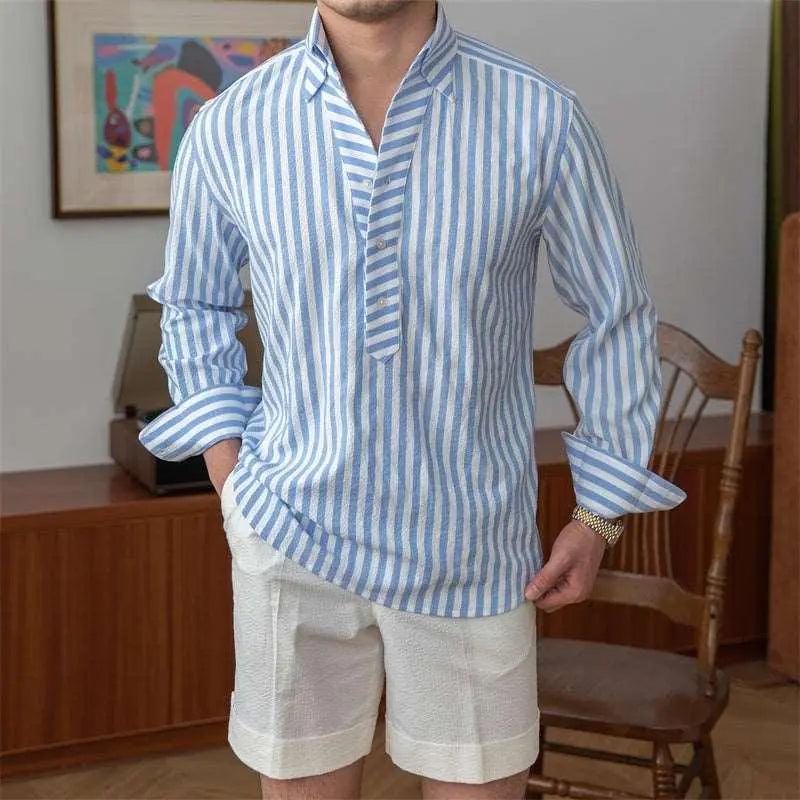 Blue breathable seersucker striped long-sleeved shirt from My Store, lightweight top with a comfortable fit and classic design.