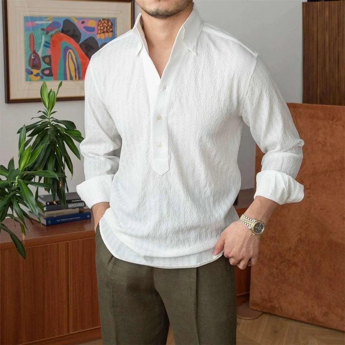 Blue breathable seersucker striped long-sleeved shirt, casual top from My Store, featuring lightweight, comfortable fabric.