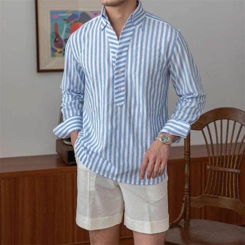 Blue breathable seersucker striped long-sleeved shirt from My Store, featuring lightweight fabric and classic design.