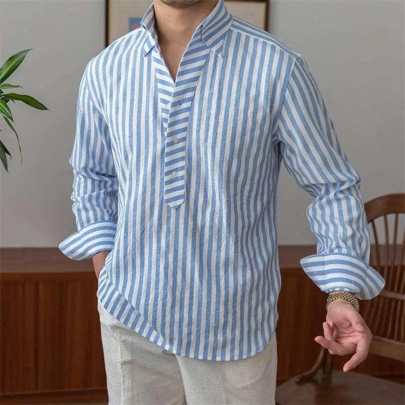 Blue breathable seersucker striped long-sleeved shirt by My Store, featuring a lightweight, comfortable design for casual wear.