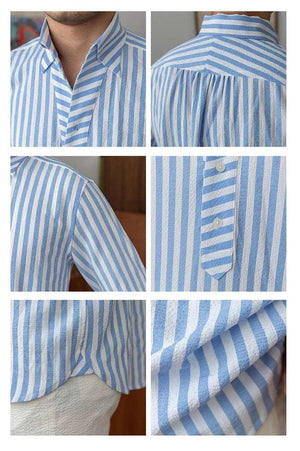 Blue breathable seersucker striped long-sleeved shirt from My Store, lightweight top with a relaxed fit and classic pattern.