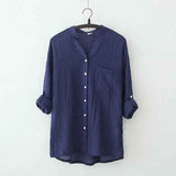 Blue long-sleeved thin shirt top by My Store, lightweight fabric and fitted design, shown on a model.