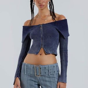 Vintage Off - Shoulder Zipper Lapel Fashion Sweater - MRC STORETopMy StoreVintage Off - Shoulder Zipper Lapel Fashion Sweater - MRC STOREMRC STORECJMY210852003CXCyanL