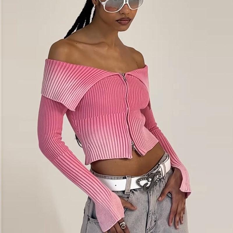 Vintage Off - Shoulder Zipper Lapel Fashion Sweater - MRC STORETopMy StoreVintage Off - Shoulder Zipper Lapel Fashion Sweater - MRC STOREMRC STORECJMY210852003CXCyanL