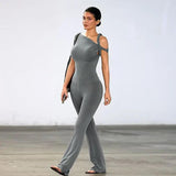 Gray chic hollow-out trousers from My Store, featuring stylish cut-out details and a comfortable fit.
