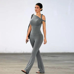 Gray chic hollow-out trousers from My Store, featuring stylish cut-out details and a comfortable fit.