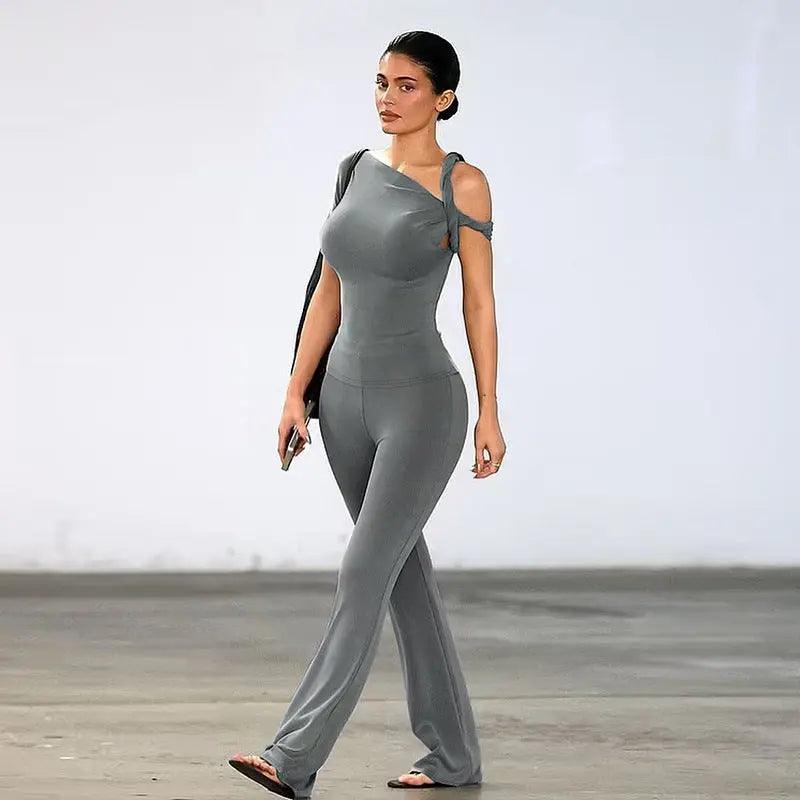 Gray chic hollow-out trousers from My Store, featuring stylish cut-out details and a comfortable fit.