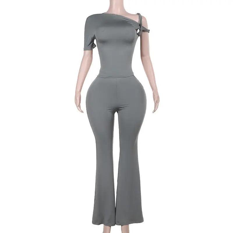 Gray chic hollow-out trousers from My Store, featuring stylish cutouts and a modern top design, perfect for trendy fashion looks.