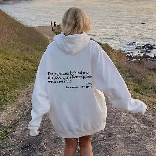 Model wearing a gray letter print casual hoodie from My Store, featuring a relaxed fit and bold letter design.
