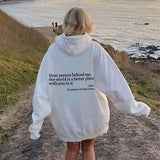 Model wearing a gray letter print casual hoodie from My Store, featuring a relaxed fit and bold letter design.