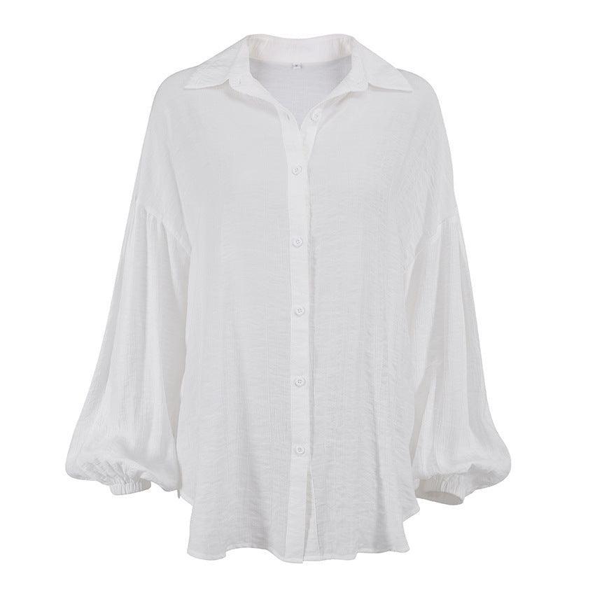 White summer lantern sleeve transparent top, stylish lightweight shirt with flowy sleeves, perfect for warm weather.