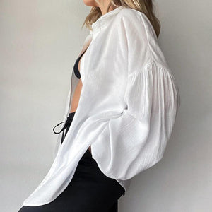 White summer shirt with lantern sleeves and transparent fabric, stylish top from My Store featuring a lightweight, breathable design.