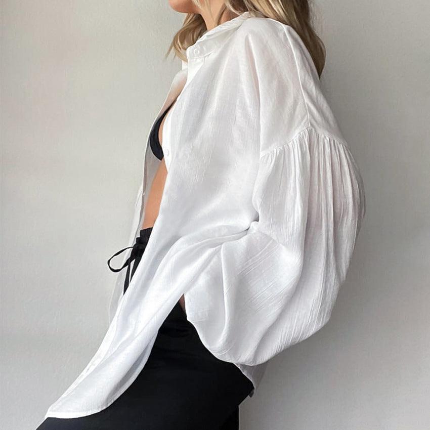 White summer shirt with lantern sleeves and transparent fabric, stylish top from My Store featuring a lightweight, breathable design.