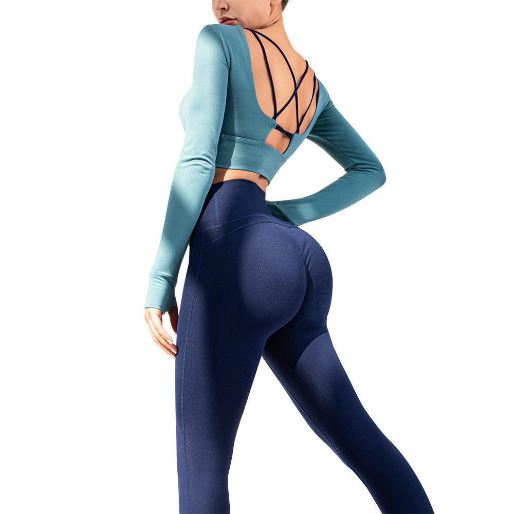 Yoga Set Hollow Back Top – High Waist Pants - MRC STOREyoga clothesMy StoreYoga Clothing Set with Hollow Back Long Sleeve Top and High Waist Hip Pants – Comfortable and Stylish - MRC STOREMRC STORECJTZ141844407GTGrey blue and dark blueL